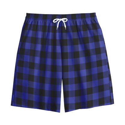 Navy Blue And Black Buffalo Check Print Cotton Shorts