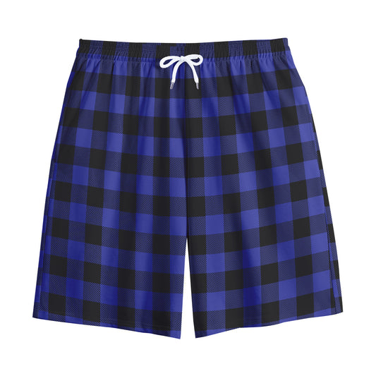 Navy Blue And Black Buffalo Check Print Cotton Shorts