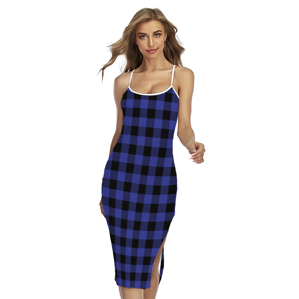 Navy Blue And Black Buffalo Check Print Cross Back Cami Dress