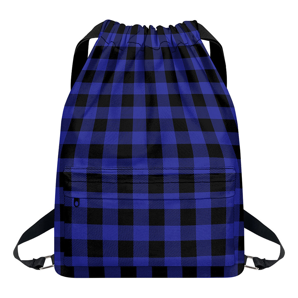 Navy Blue And Black Buffalo Check Print Drawstring Backpack