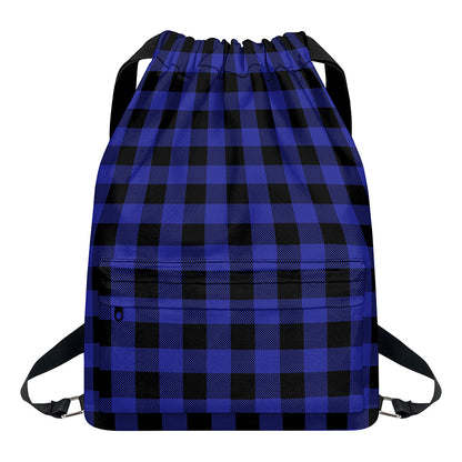 Navy Blue And Black Buffalo Check Print Drawstring Backpack
