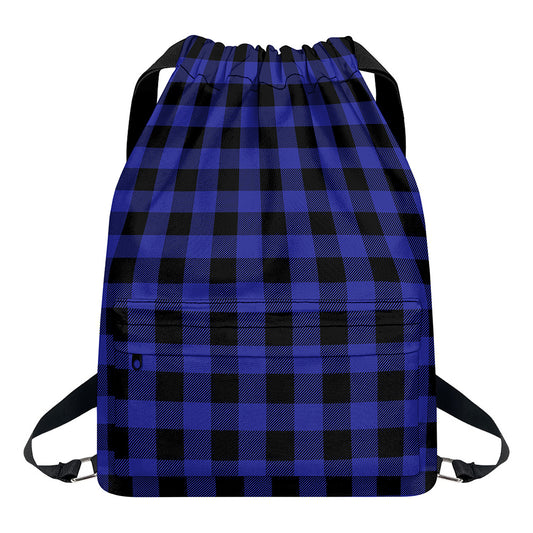 Navy Blue And Black Buffalo Check Print Drawstring Backpack