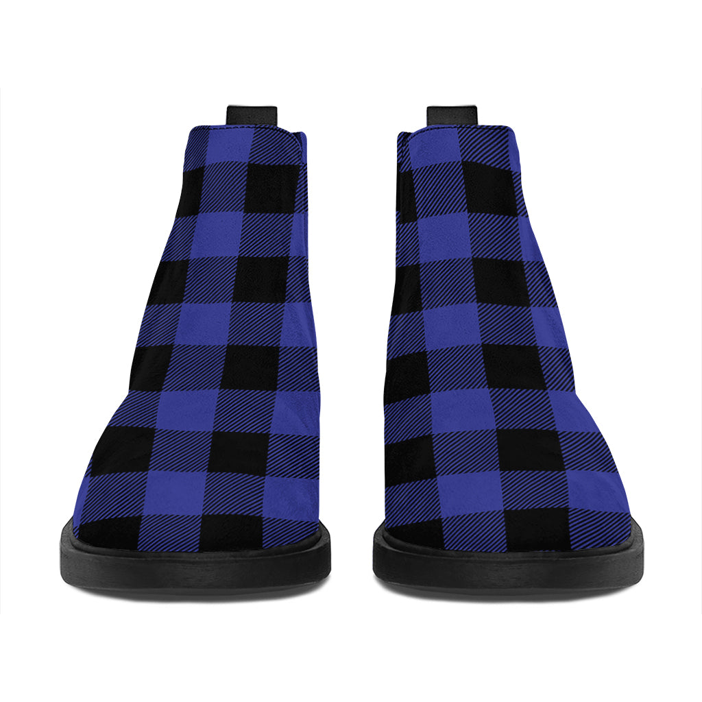 Navy Blue And Black Buffalo Check Print Flat Ankle Boots