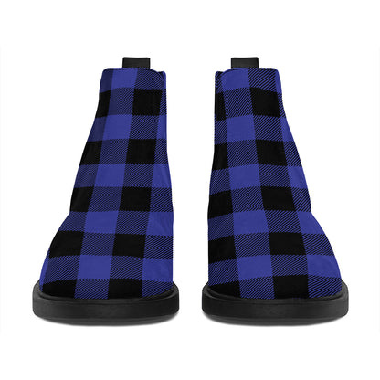Navy Blue And Black Buffalo Check Print Flat Ankle Boots