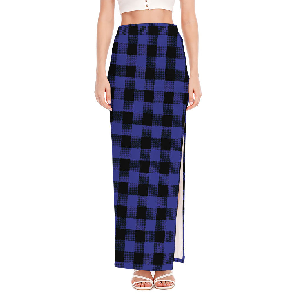 Navy Blue And Black Buffalo Check Print High Slit Maxi Skirt