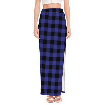Navy Blue And Black Buffalo Check Print High Slit Maxi Skirt
