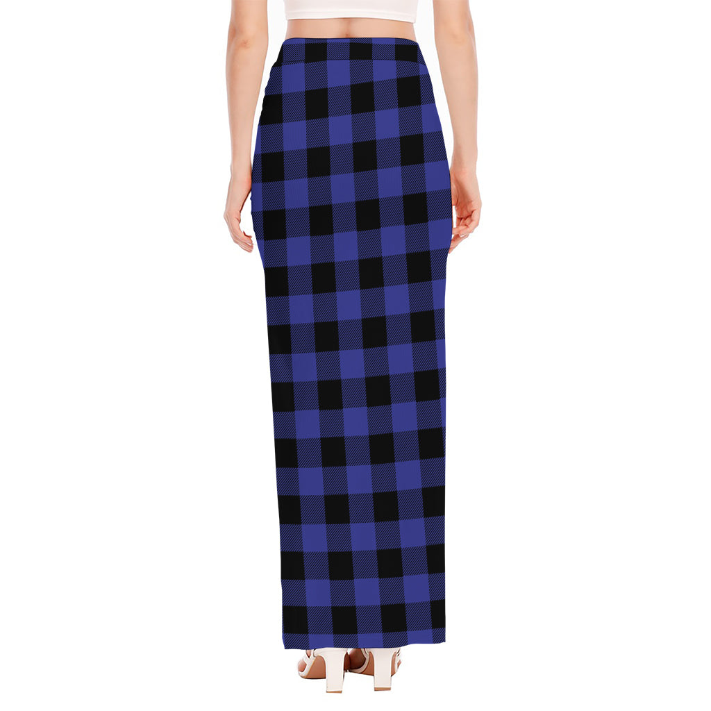 Navy Blue And Black Buffalo Check Print High Slit Maxi Skirt