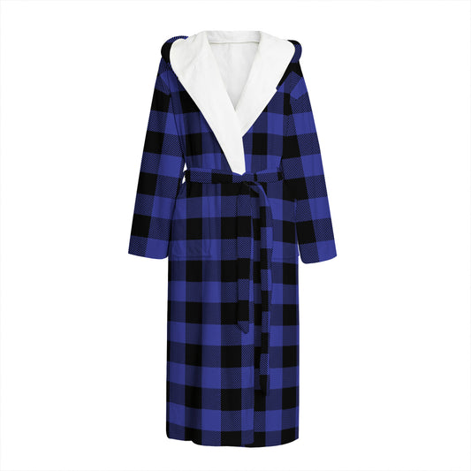 Navy Blue And Black Buffalo Check Print Hooded Bathrobe