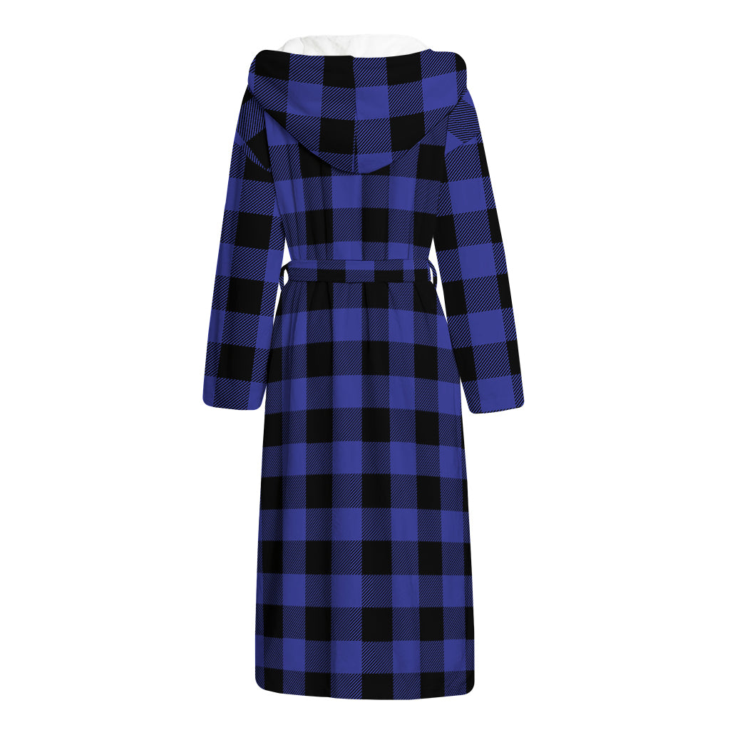 Navy Blue And Black Buffalo Check Print Hooded Bathrobe
