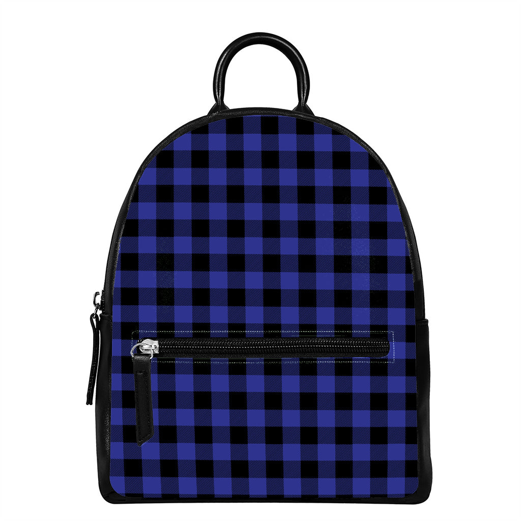 Navy Blue And Black Buffalo Check Print Leather Backpack