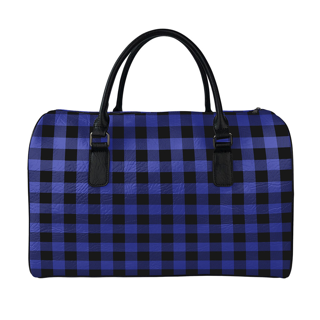 Navy Blue And Black Buffalo Check Print Leather Duffle Bag