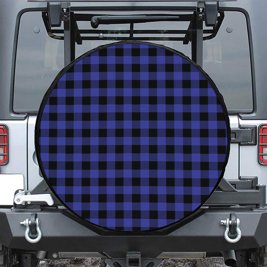 Navy Blue And Black Buffalo Check Print Leather Spare Tire Cover