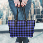 Navy Blue And Black Buffalo Check Print Leather Tote Bag
