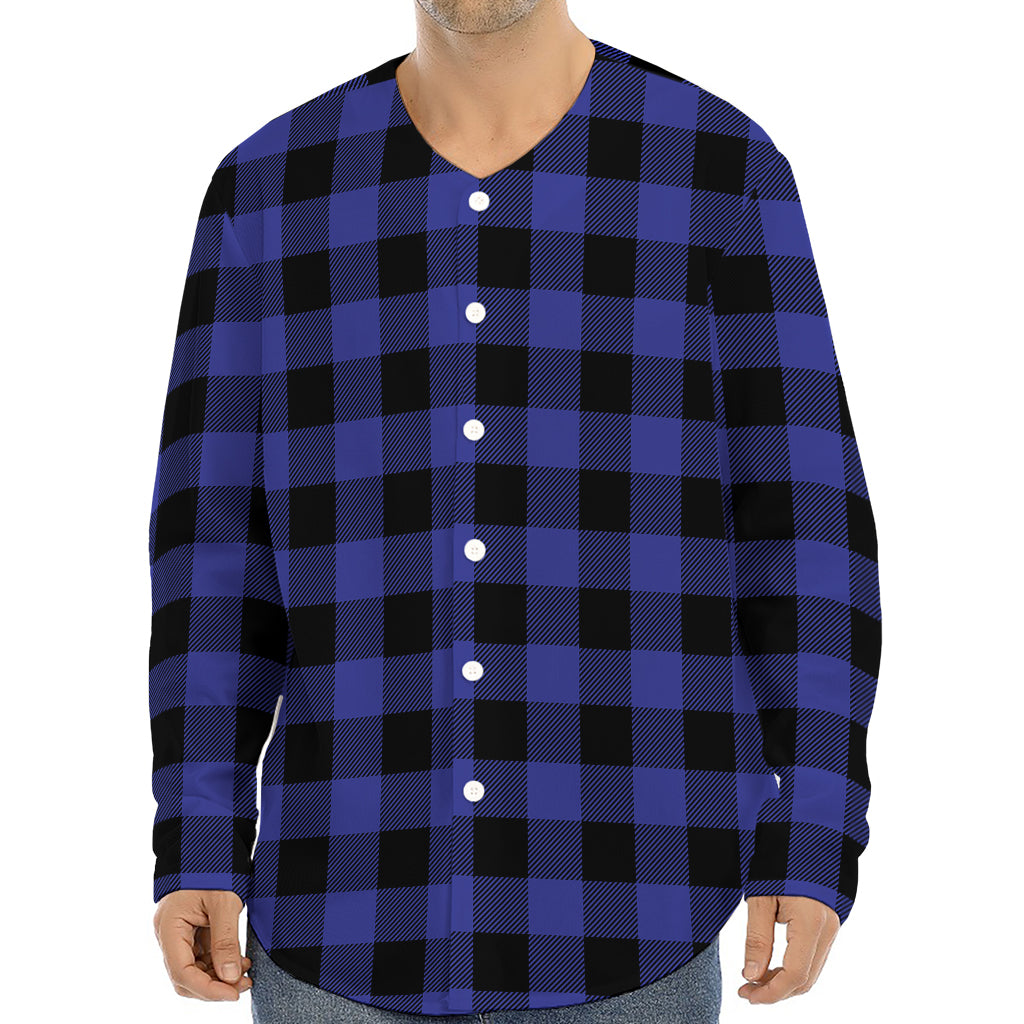 Navy Blue And Black Buffalo Check Print Long Sleeve Baseball Jersey