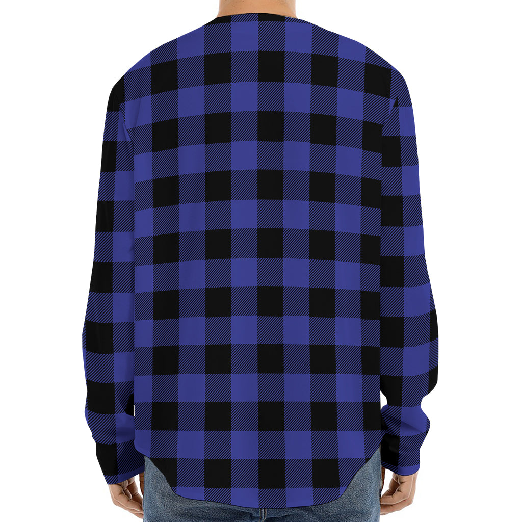 Navy Blue And Black Buffalo Check Print Long Sleeve Baseball Jersey