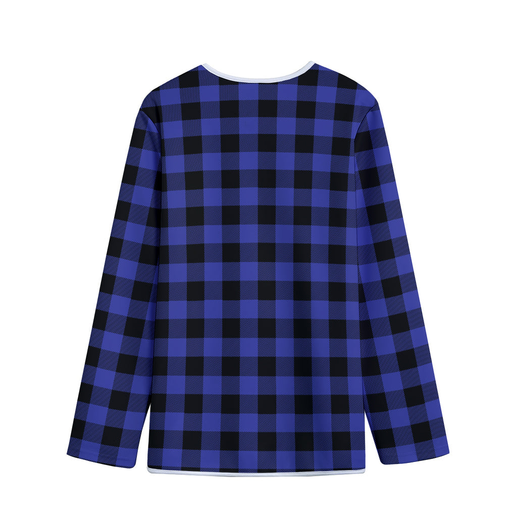 Navy Blue And Black Buffalo Check Print Long Sleeve Short Coat
