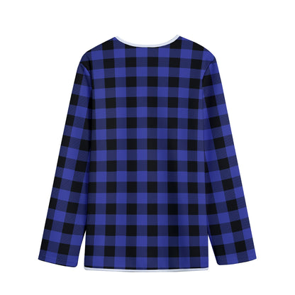 Navy Blue And Black Buffalo Check Print Long Sleeve Short Coat