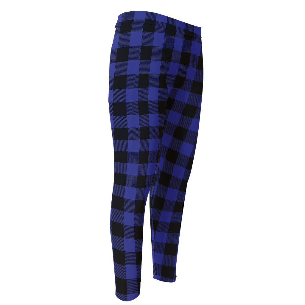 Navy Blue And Black Buffalo Check Print Men's Compression Pants