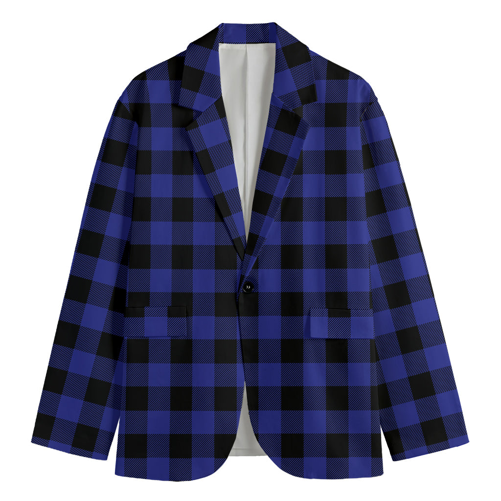 Navy Blue And Black Buffalo Check Print Men's Cotton Blazer