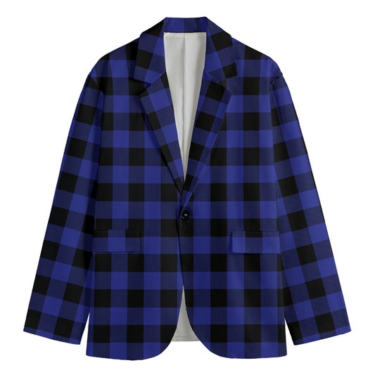 Navy Blue And Black Buffalo Check Print Men's Cotton Blazer