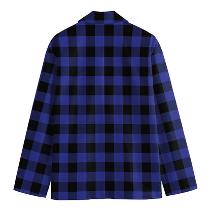 Navy Blue And Black Buffalo Check Print Men's Cotton Blazer