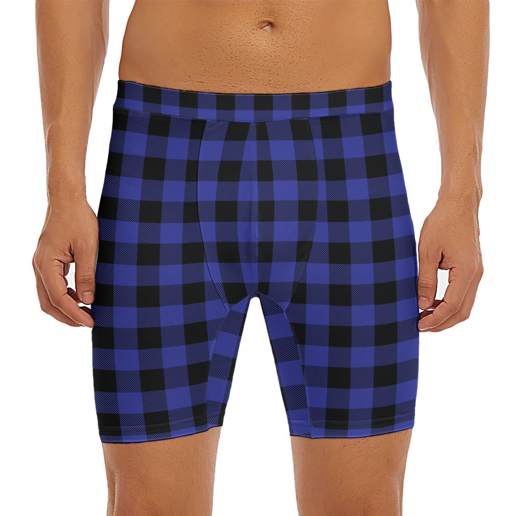 Navy Blue And Black Buffalo Check Print Men's Long Boxer Briefs