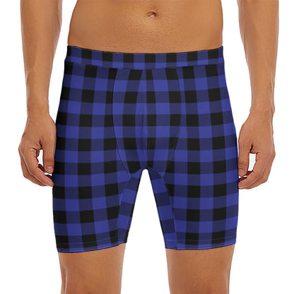Navy Blue And Black Buffalo Check Print Men's Long Boxer Briefs