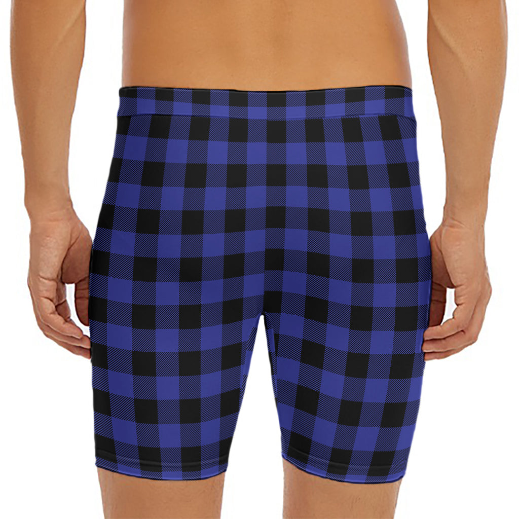 Navy Blue And Black Buffalo Check Print Men's Long Boxer Briefs