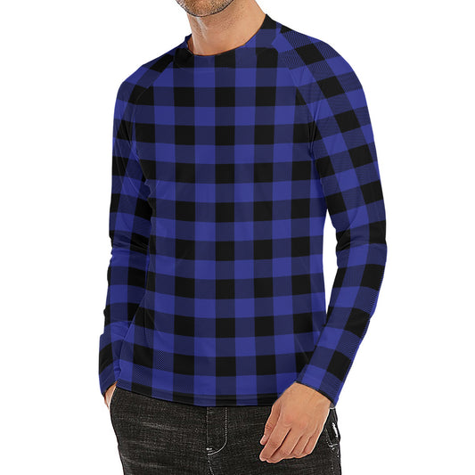 Navy Blue And Black Buffalo Check Print Men's Long Sleeve Rash Guard