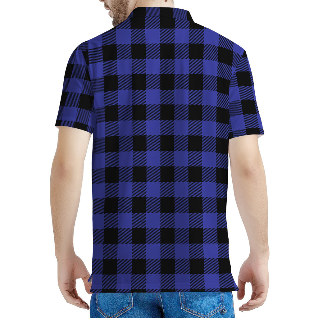 Navy Blue And Black Buffalo Check Print Men's Polo Shirt