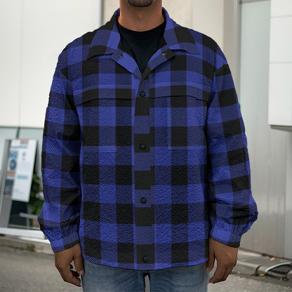 Navy Blue And Black Buffalo Check Print Men's Shirt Jacket
