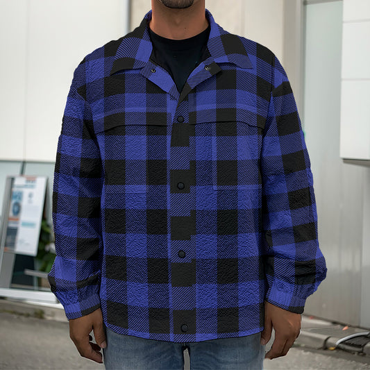 Navy Blue And Black Buffalo Check Print Men's Shirt Jacket
