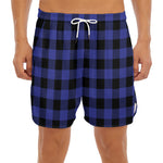 Navy Blue And Black Buffalo Check Print Men's Split Running Shorts