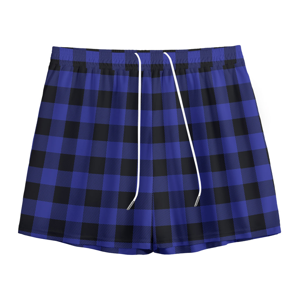 Navy Blue And Black Buffalo Check Print Mesh Shorts