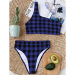 Navy Blue And Black Buffalo Check Print One Shoulder Bikini Top