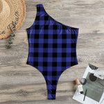 Navy Blue And Black Buffalo Check Print One Shoulder Bodysuit