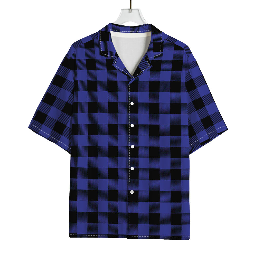 Navy Blue And Black Buffalo Check Print Rayon Hawaiian Shirt