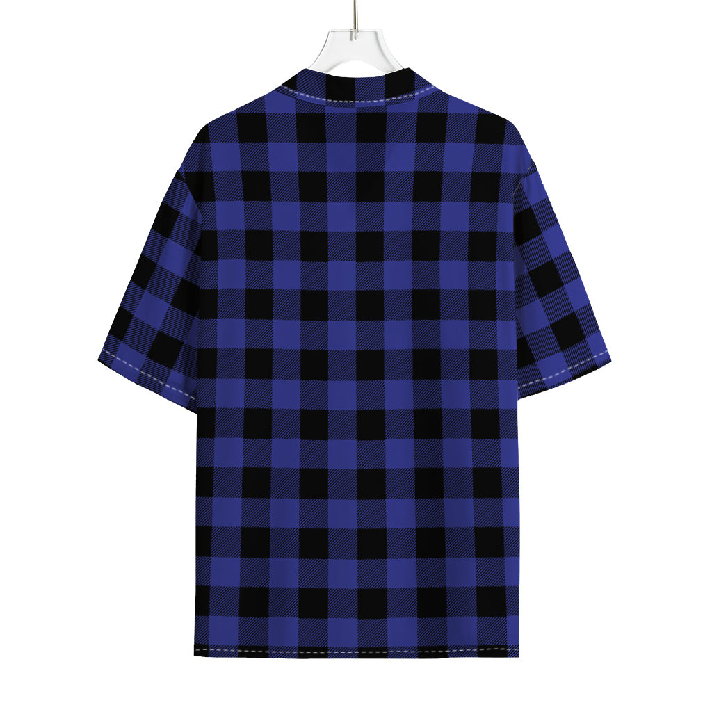 Navy Blue And Black Buffalo Check Print Rayon Hawaiian Shirt
