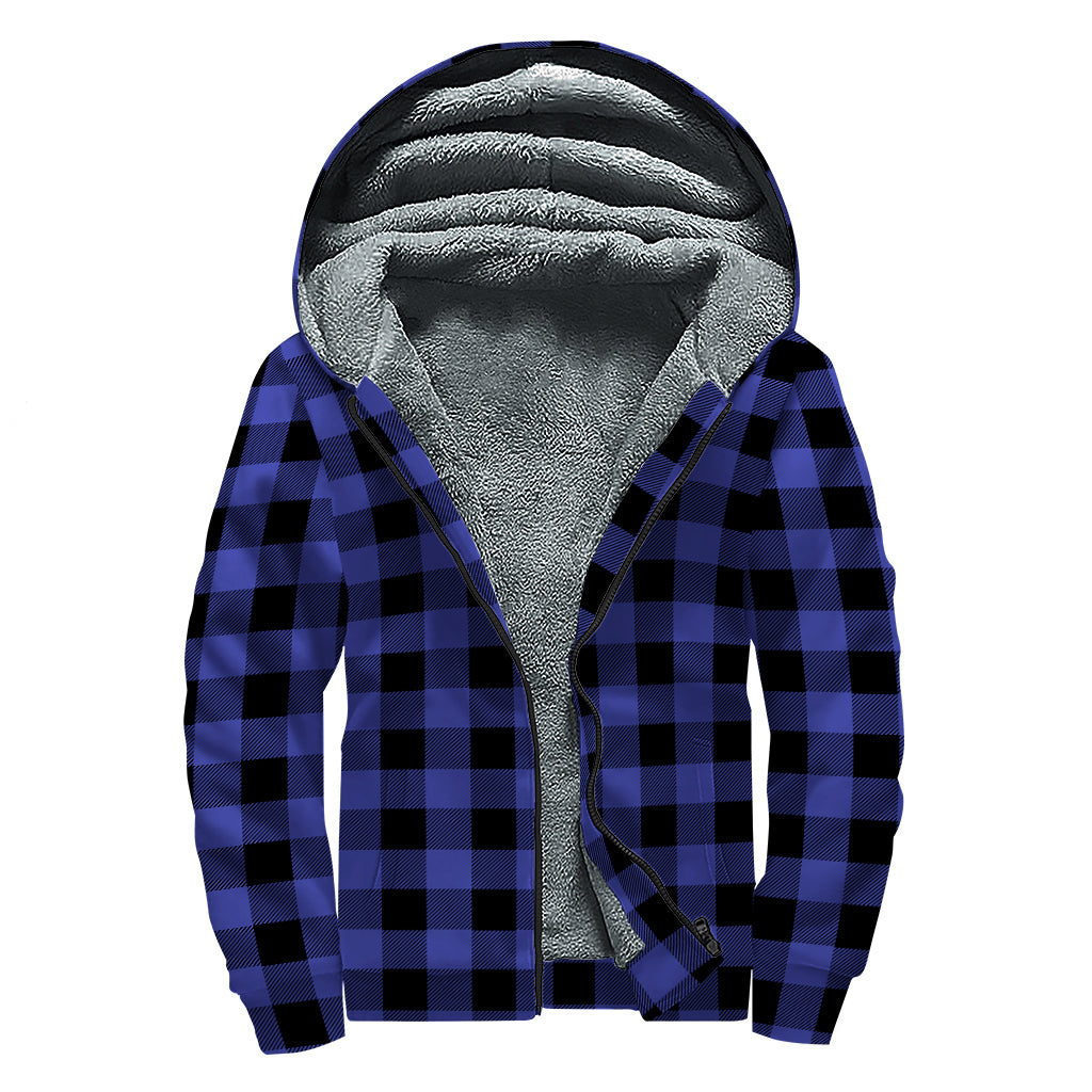 Navy Blue And Black Buffalo Check Print Sherpa Lined Zip Up Hoodie