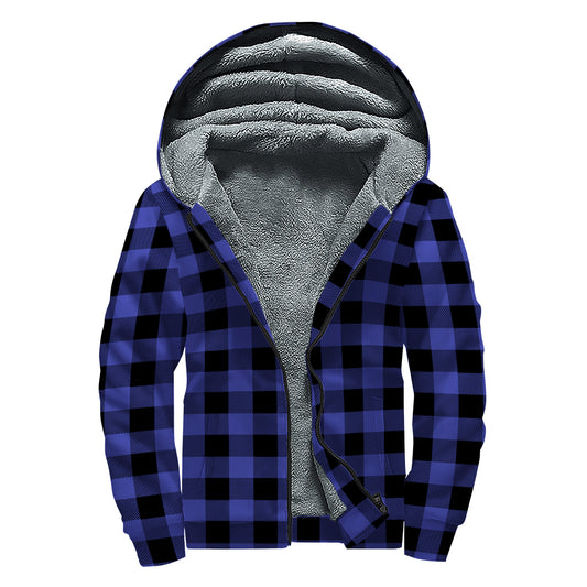 Navy Blue And Black Buffalo Check Print Sherpa Lined Zip Up Hoodie