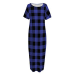 Navy Blue And Black Buffalo Check Print Short Sleeve Long Nightdress