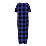 Navy Blue And Black Buffalo Check Print Short Sleeve Long Nightdress
