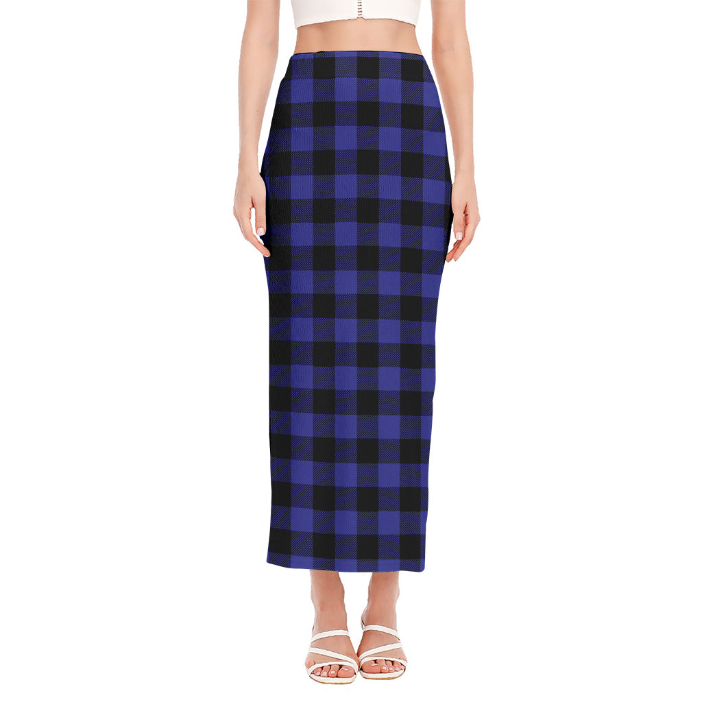 Navy Blue And Black Buffalo Check Print Side Slit Maxi Skirt