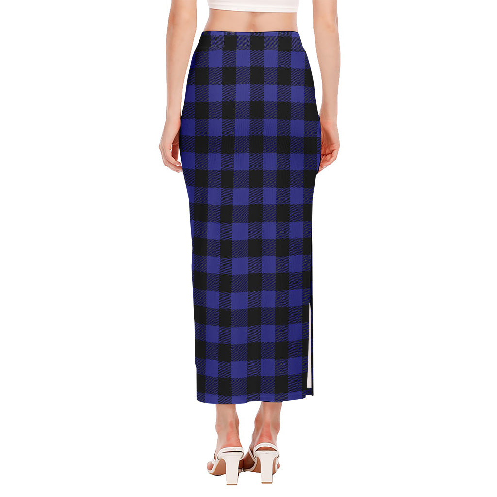 Navy Blue And Black Buffalo Check Print Side Slit Maxi Skirt