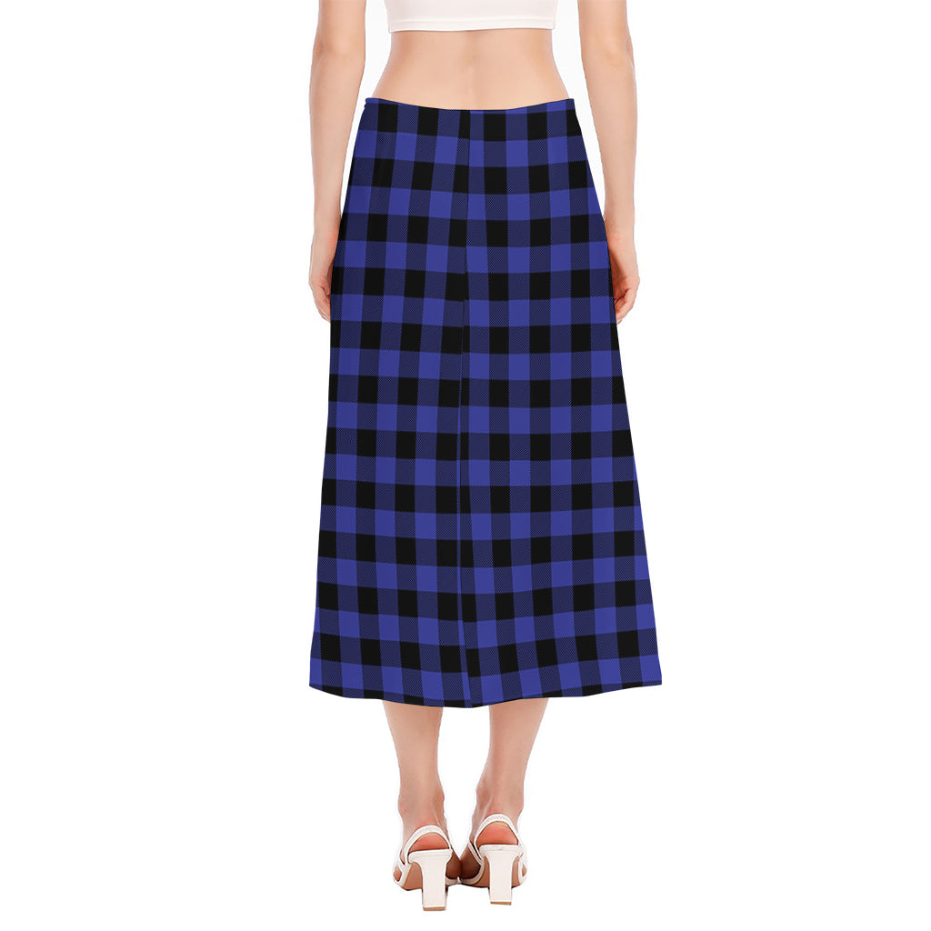 Navy Blue And Black Buffalo Check Print Side Slit Midi Skirt