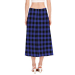 Navy Blue And Black Buffalo Check Print Side Slit Midi Skirt