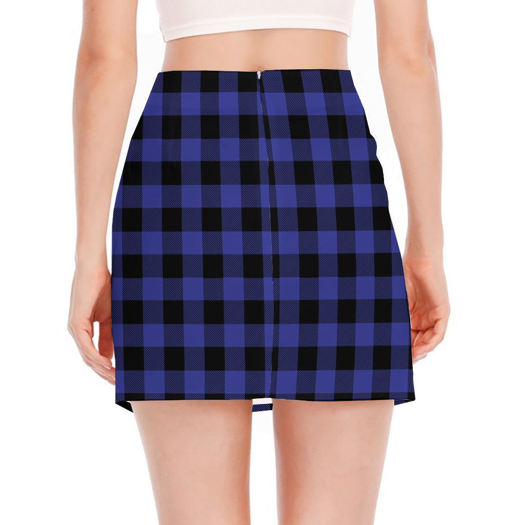 Navy Blue And Black Buffalo Check Print Side Slit Mini Skirt