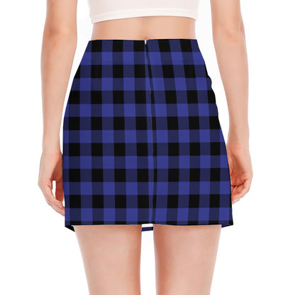 Navy Blue And Black Buffalo Check Print Side Slit Mini Skirt