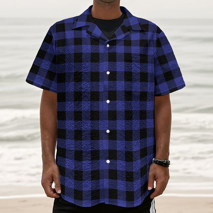 Navy Blue And Black Buffalo Check Print Textured Short Sleeve Shirt