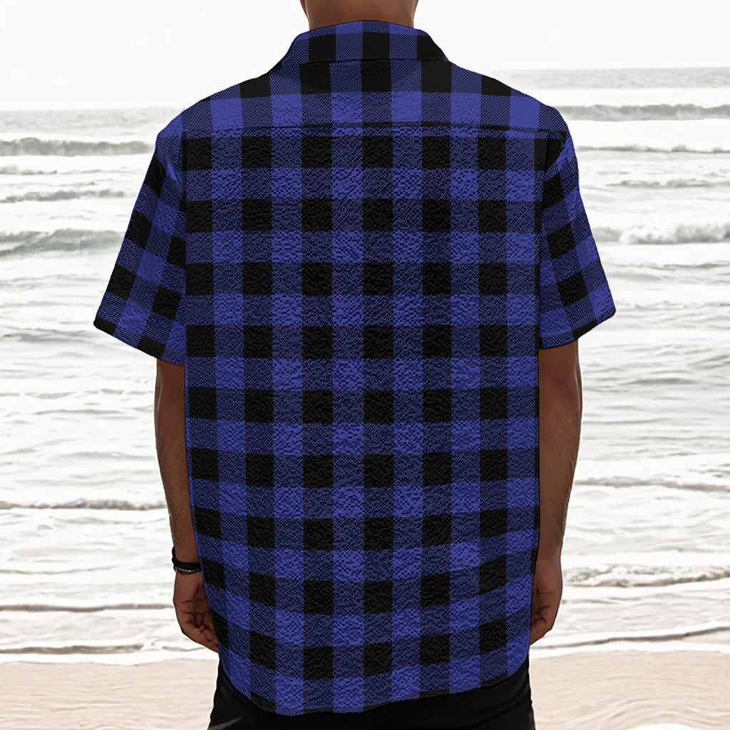 Navy Blue And Black Buffalo Check Print Textured Short Sleeve Shirt